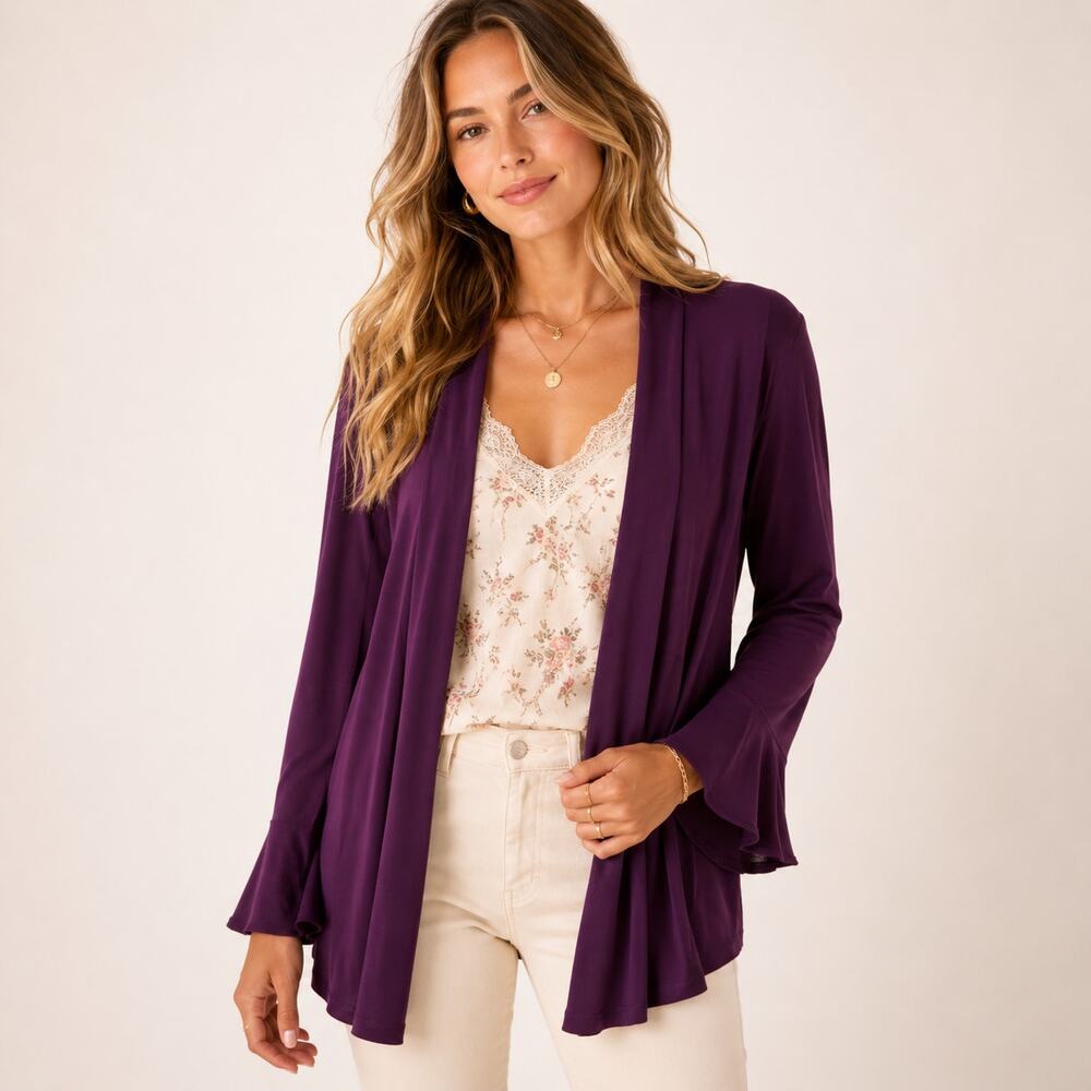 Susan Graver Liquid Knit Cardigan Women's Size 2X Plum Purple Office Casual